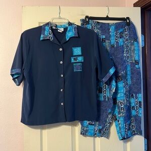 Vintage Lighthouse Point Navy & Teal Blouse Large & Medium Capris Set